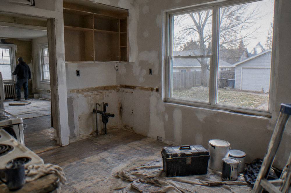 A kitchen in the middle of a renovation in an older Winnipeg house