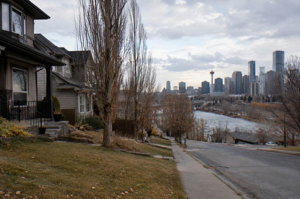 Two-storey houses on a Calgary residential street with the downtown towers on the horizon